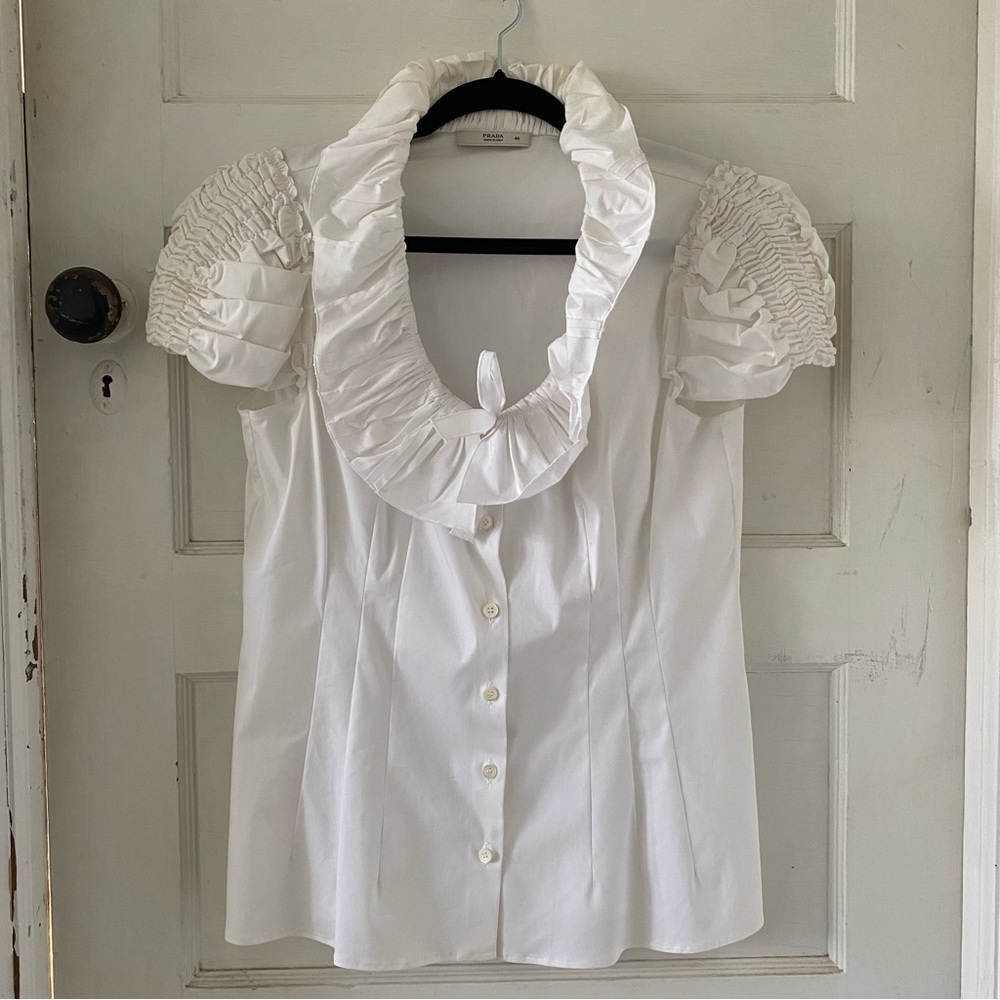 Prada White Ruffled Button Up Top